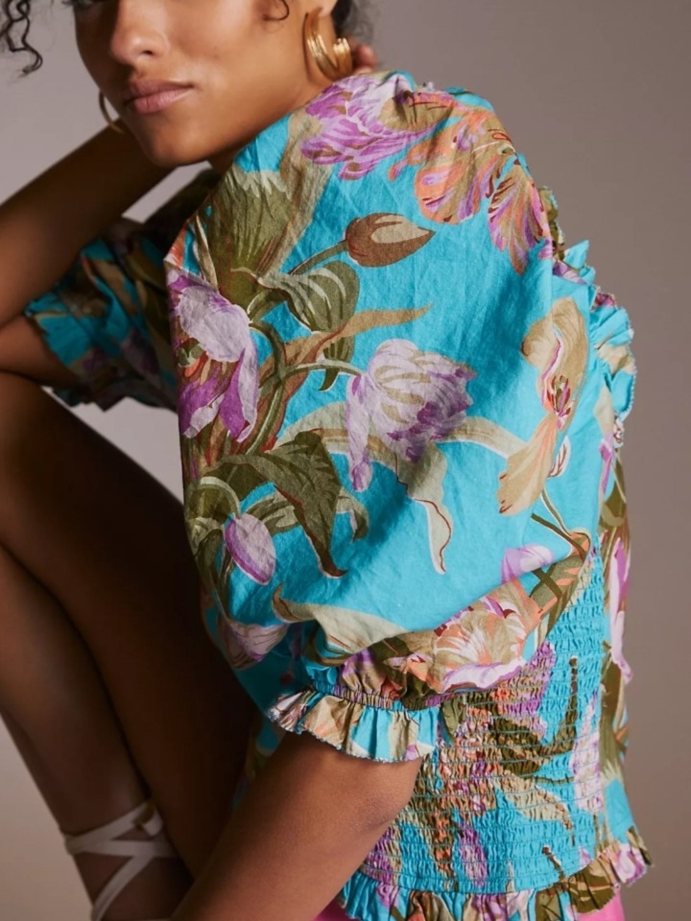 Antropologie LOVE THE LABEL Floral Puff-Sleeve colorful Summer Top - Picture 3 of 12